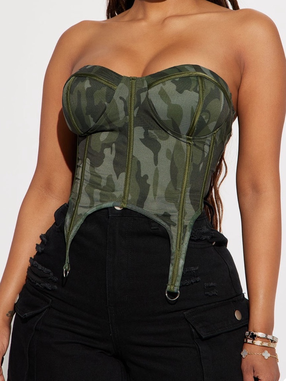 Fashion Nova Olive Camo Strapless Corset Bustier Top